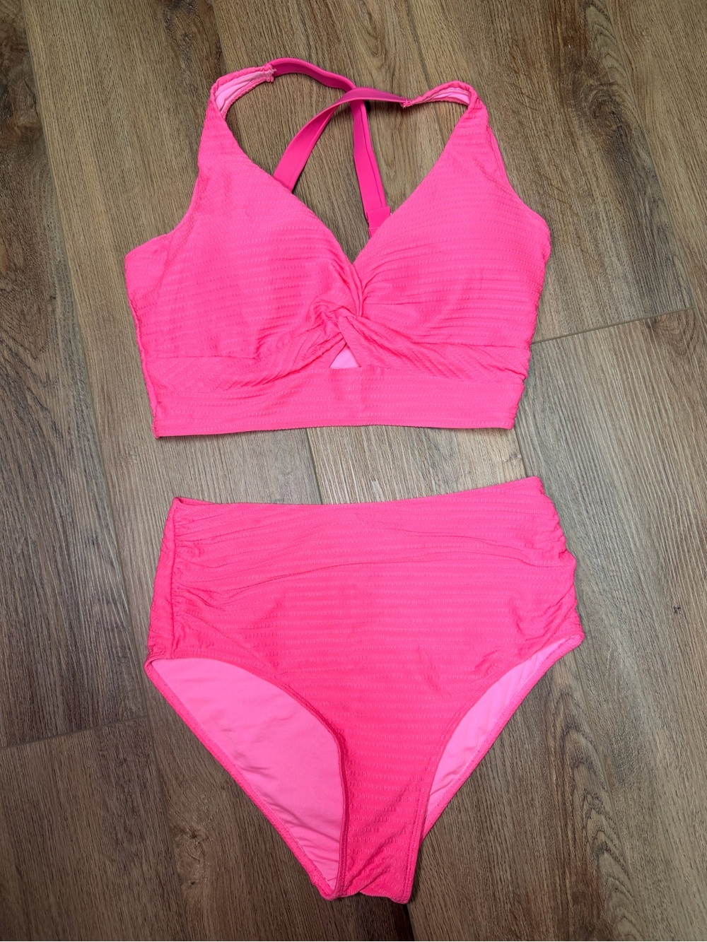 Hot Pink Textured High Waisted Bikini Set Twist Front Tummy Control M Summer - Picture 2 of 9